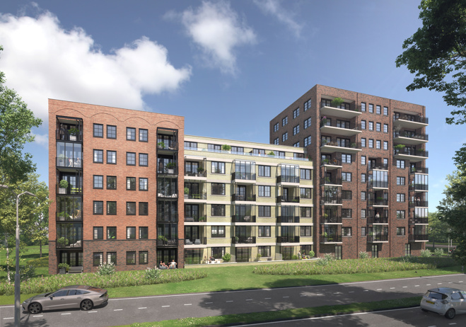 Impressie van nieuwbouw Winston met 3 woonblokken in baksteenkleur rood, beige en bruin