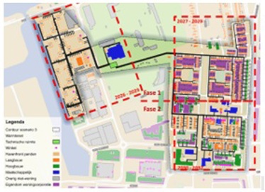 Plattegrond van welke woningen bij fase 1 horen in Zeeheldenbuurt