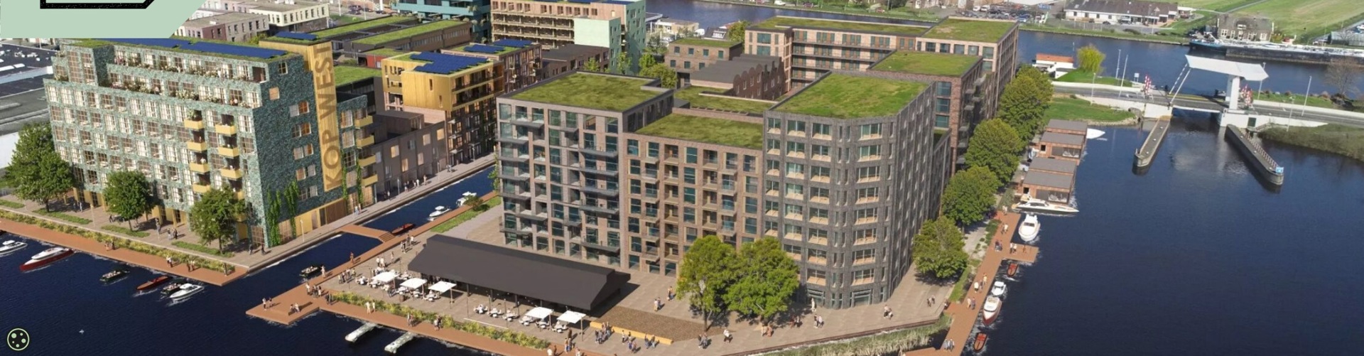 Overzicht van ingetekende nieuwbouwwoningen op locatie Kop West naast Rijnhavenbrug