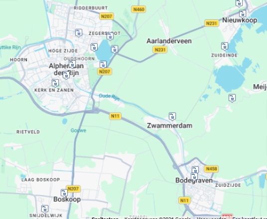 Kaart regio Alphen aan den Rijn met de watertappunten voor gratis water